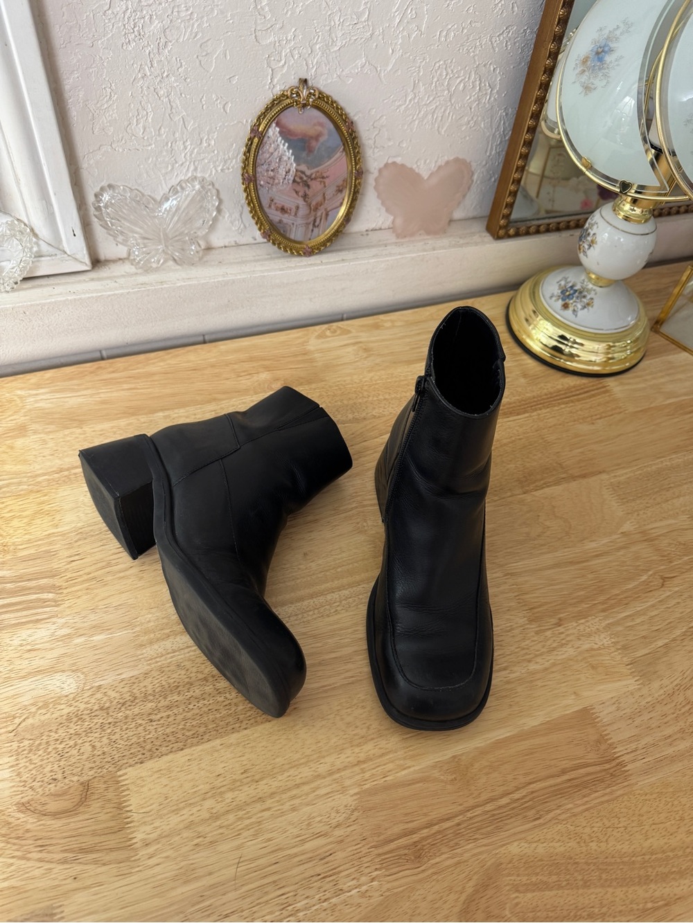 2000’s Chunky Hillard & Hanson Y2K Black Leather Square Toe Ankle Boots Size 7